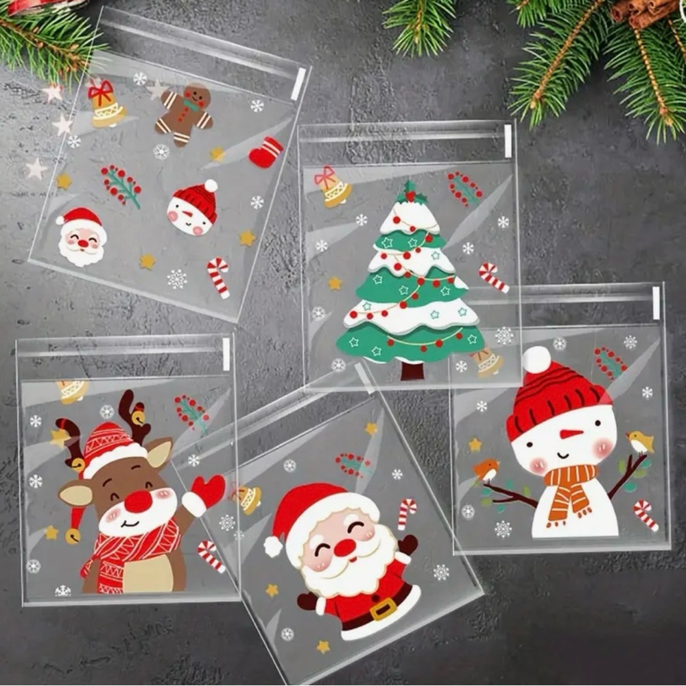 Christmas Self-Adhesive Transparent Plastic Gift Bags 25 ct w/ 5 Designs-NIP